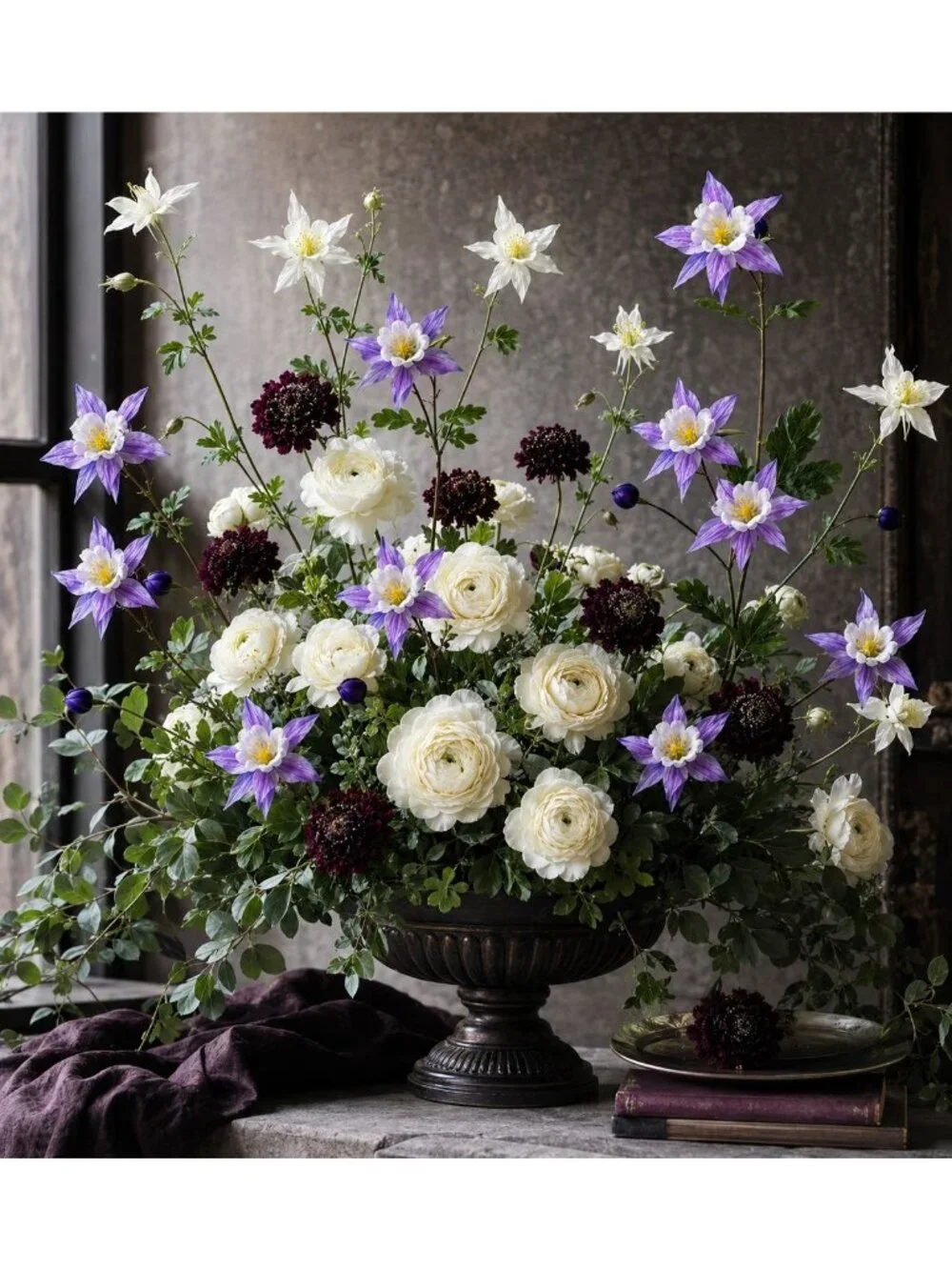 Purple White Artificial Columbine Flowers Set of 2 | 23 Inch Real Touch Wildflow